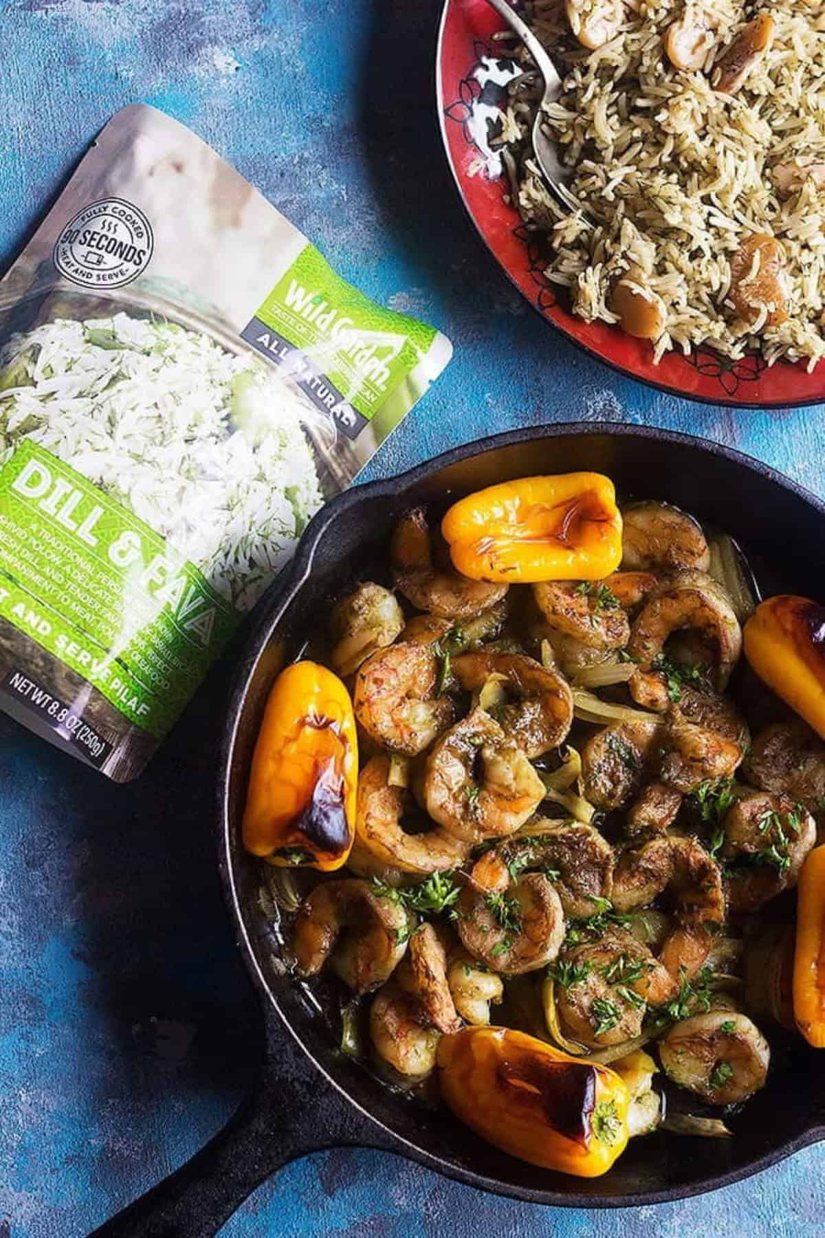 This baked shrimp dish comes with delicious onions and peppers and I think it pairs perfectly with Wild Garden Dill and Fava Bean Rice Pilaf. 