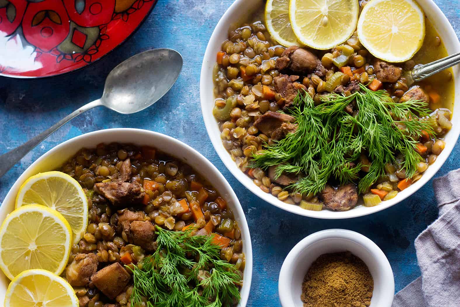 Enjoy an easy chicken lentil soup that’s full of Mediterranean flavor. Seasoned with warm spices and packed with veggies, this soup is great for dinner.