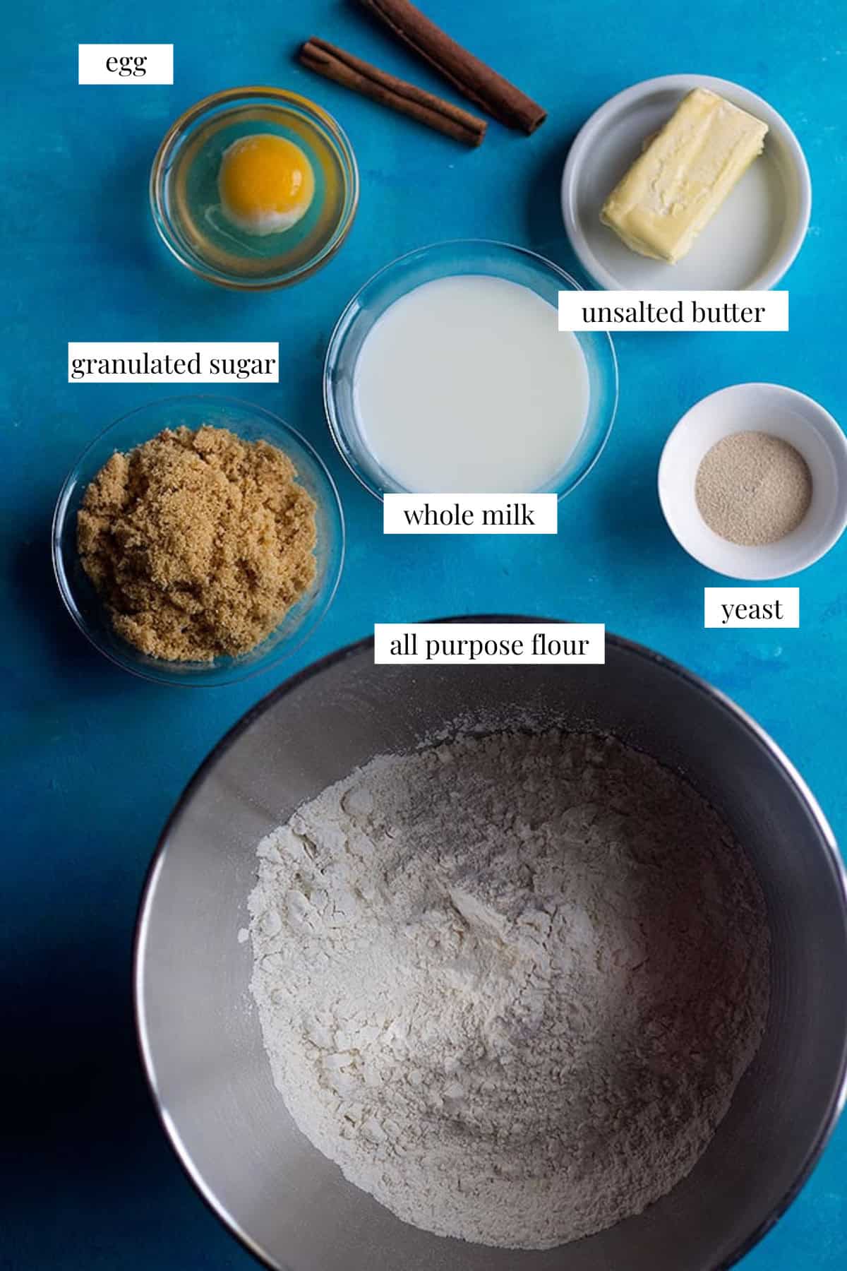 For the monkey bread you need all purpose flour, yeast, sugar, butter, milk and an egg. 