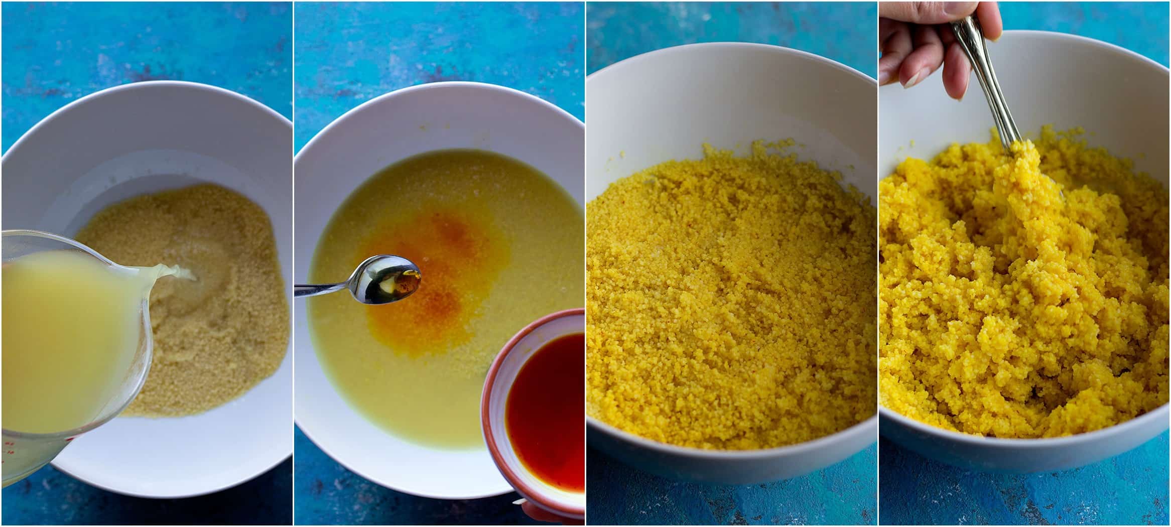 To make saffron couscous mix couscous with saffron and chicken stock let it sit for 12 minutes and serve. 