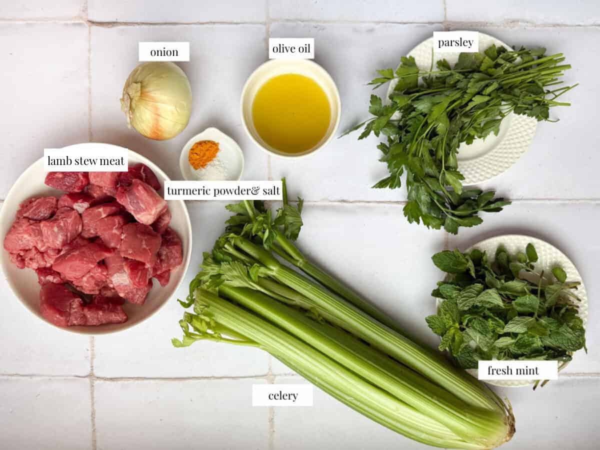To make khoresh karafs Persian celery stew you need celery, beef or lamb, onion, spices, mint and parsley plus oil. 