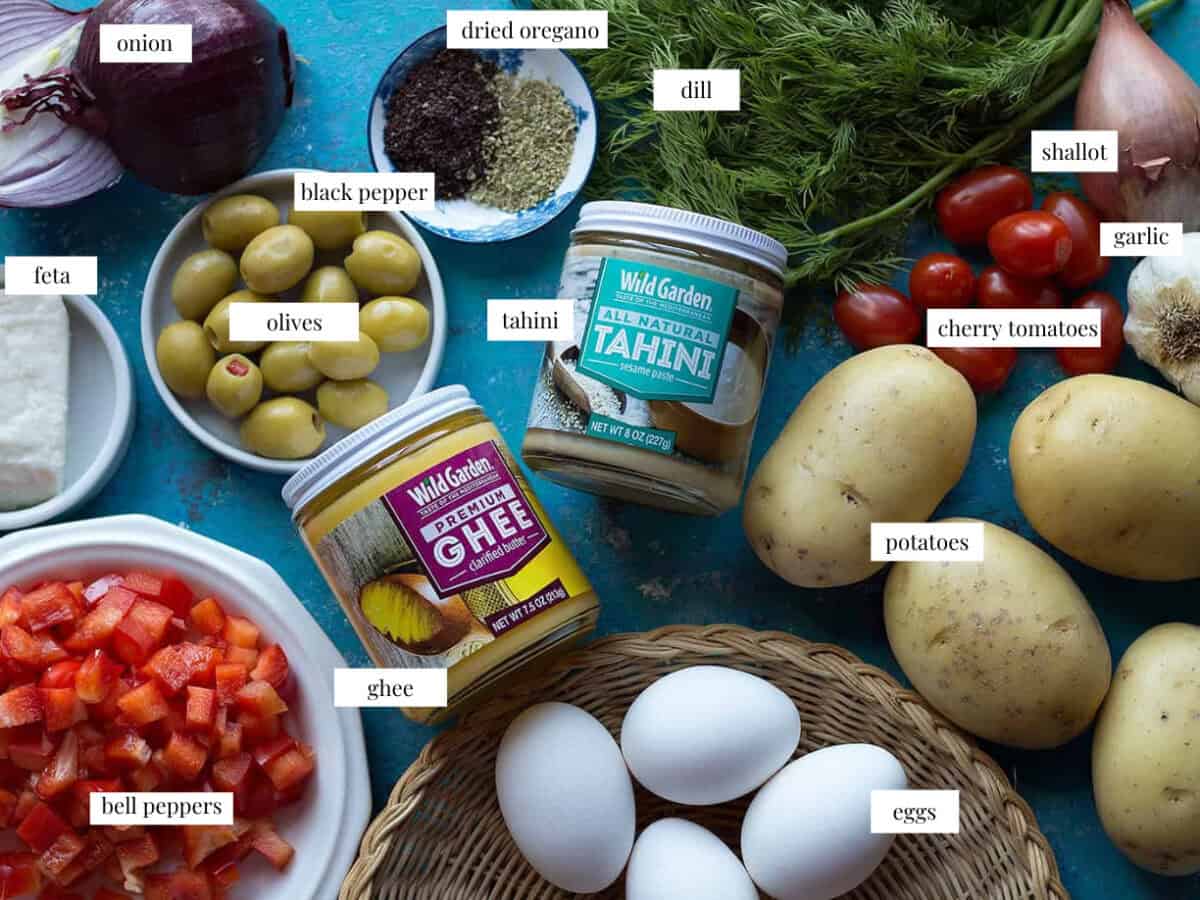  Breakfast hash is basically a combination of onion, garlic, shallot, potatoes, peppers, eggs and spices all cooked in one pan. 