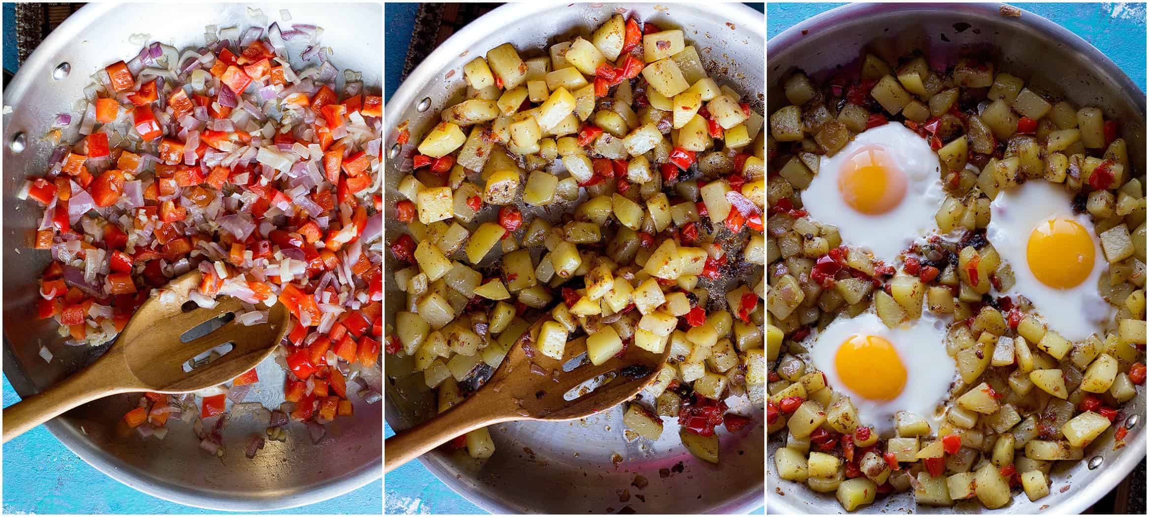 To make breakfast hash saute onion and pepper then add potatoes and spices and finally add eggs. 