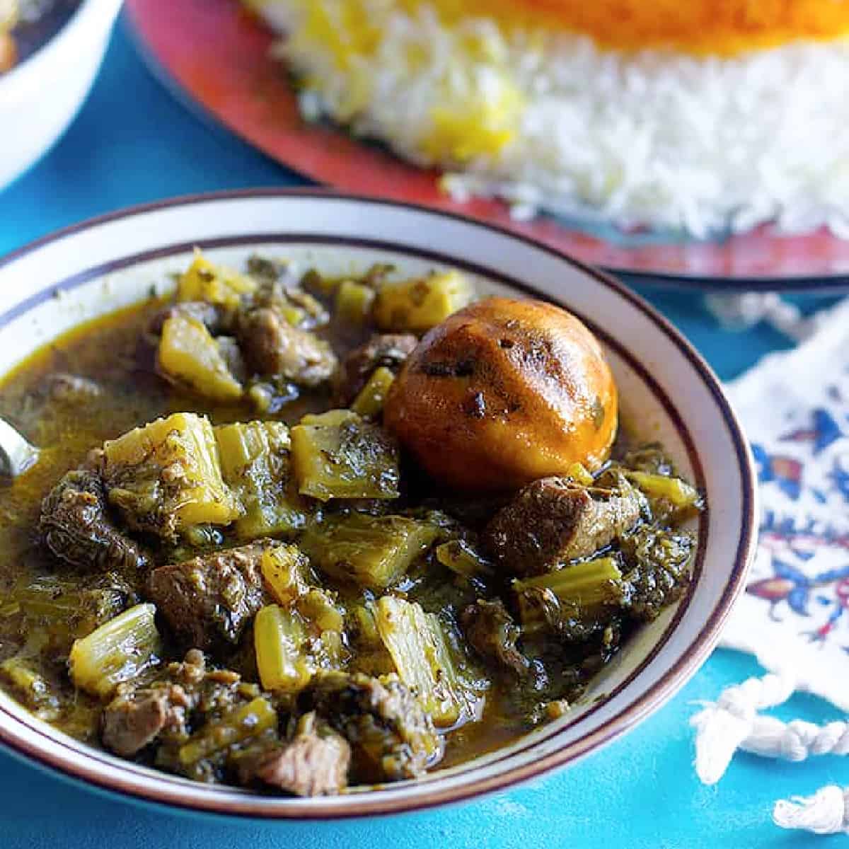 Persian celery stew also known as khoresht karafs is a delicious Iranian stew made with celery stalks and herbs. This easy Persian stew can be made vegetarian as well.
