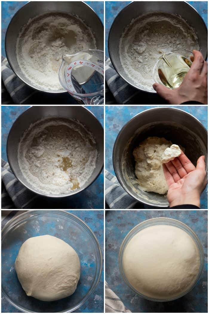 Start by placing 4 cups of flour, yeast, salt and sugar in a stand mixer bowl. Add in warm water and vegetable oil.
