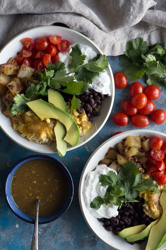 homemade breakfast bowls made with eggs avocados and beans