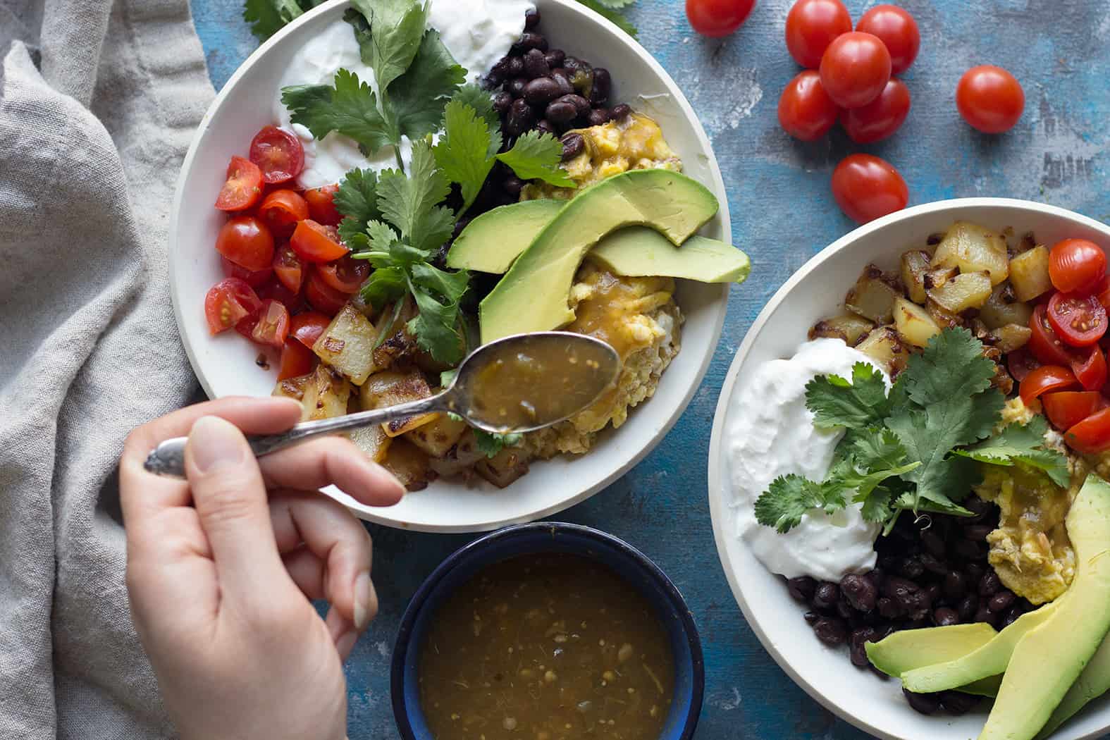 Avocados and tomatoes are great for breakfast bowls. 