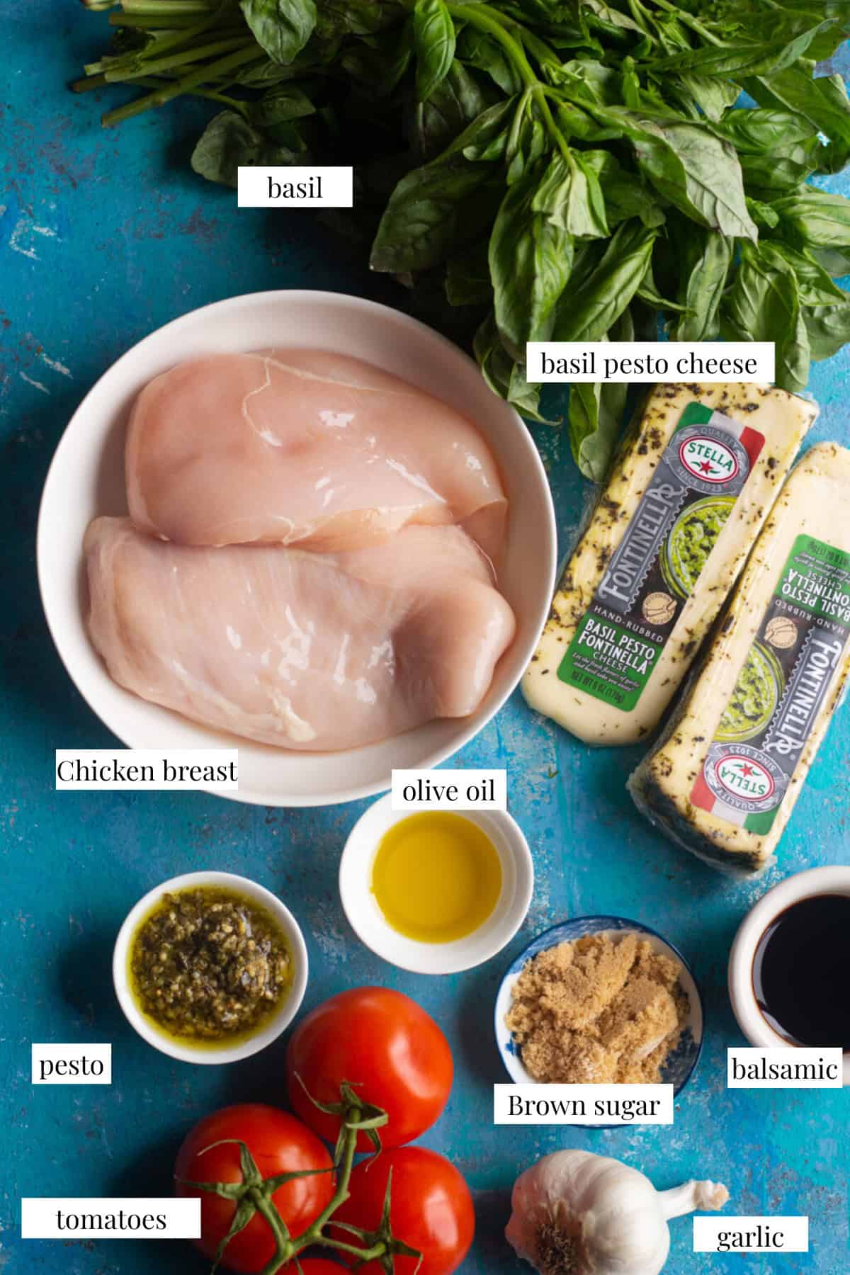 To make this tasty stuffed chicken breast you need chicken cheese basil pesto tomato balsamic