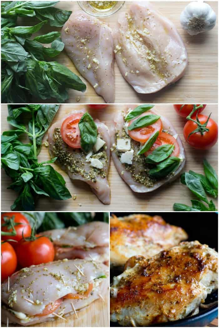 t make caprese stuffed chicken pound the chicken and cut in half rub olive oil and stuff with tomato basil and cheese then sear and cook.