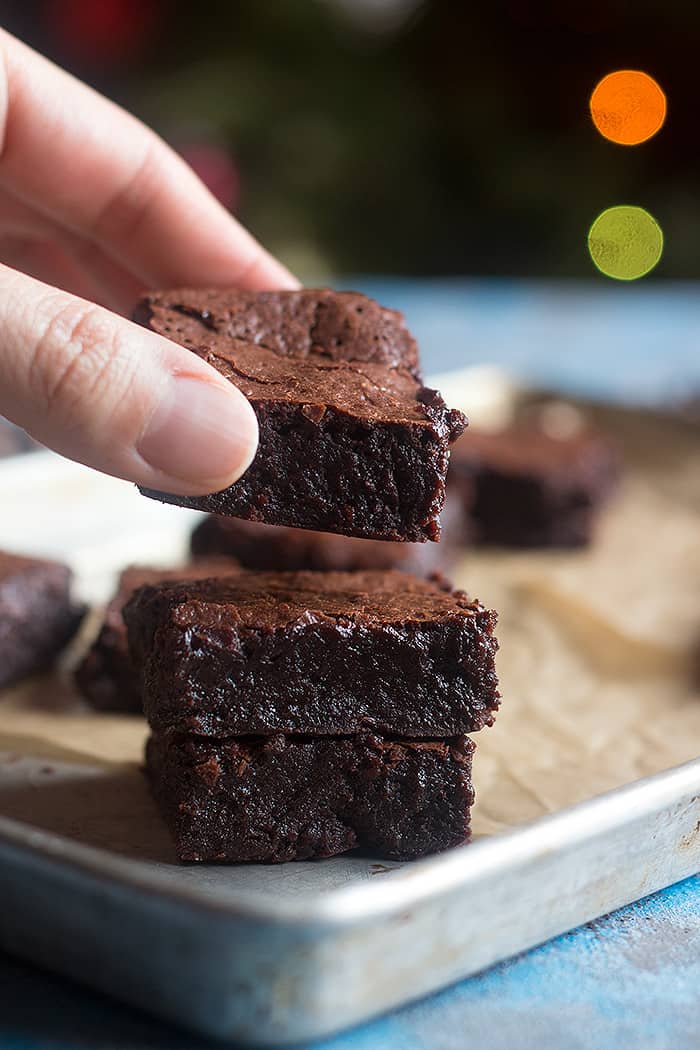 fudgy flourless brownies with crackled top. 