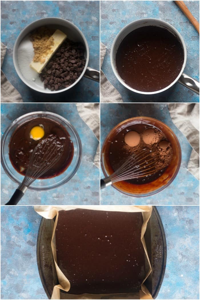 Melt chocolate butter and sugars in a sauce pan add in eggs and cocoa powder and then transfer the batter into the pan. 