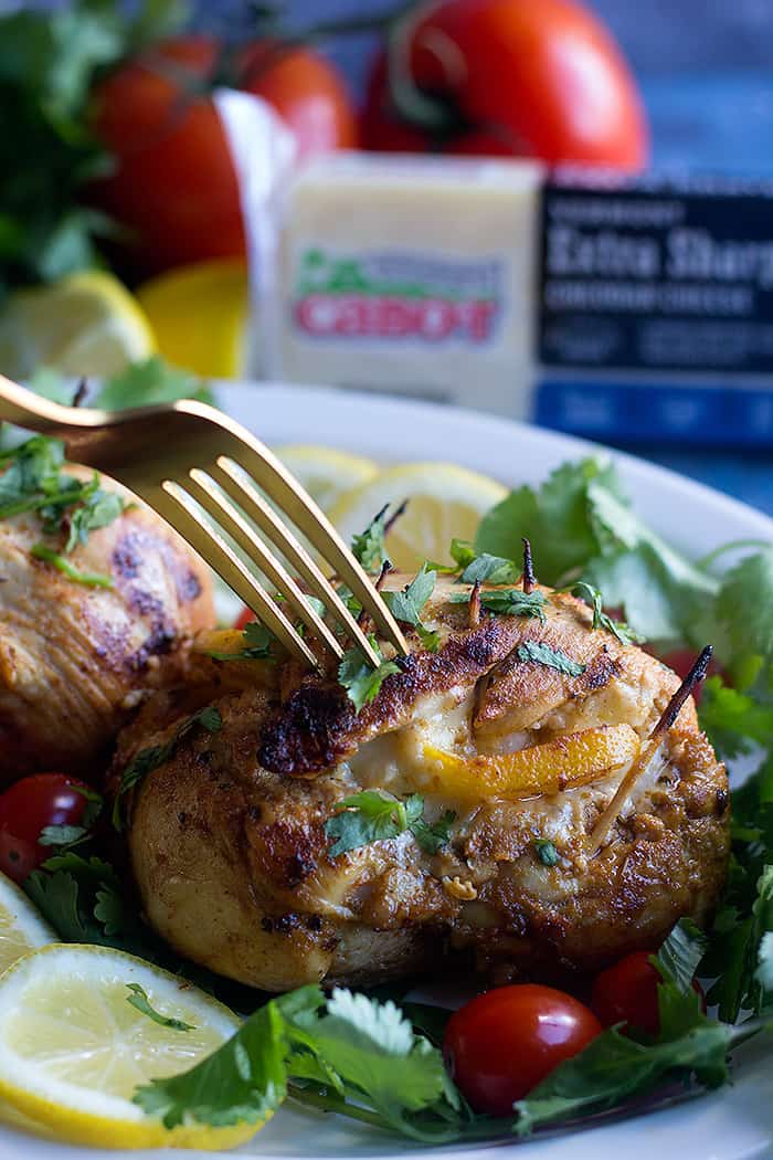 this garlic lemon stuffed chicken breast with cheddar cheese is easy and very flavorful.