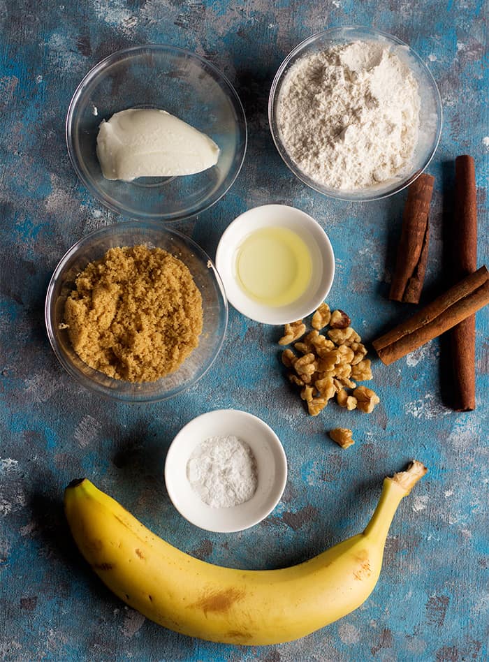 To make banana bread in a mug you need banana brown and granulated sugar plus yogurt oil and flour. 