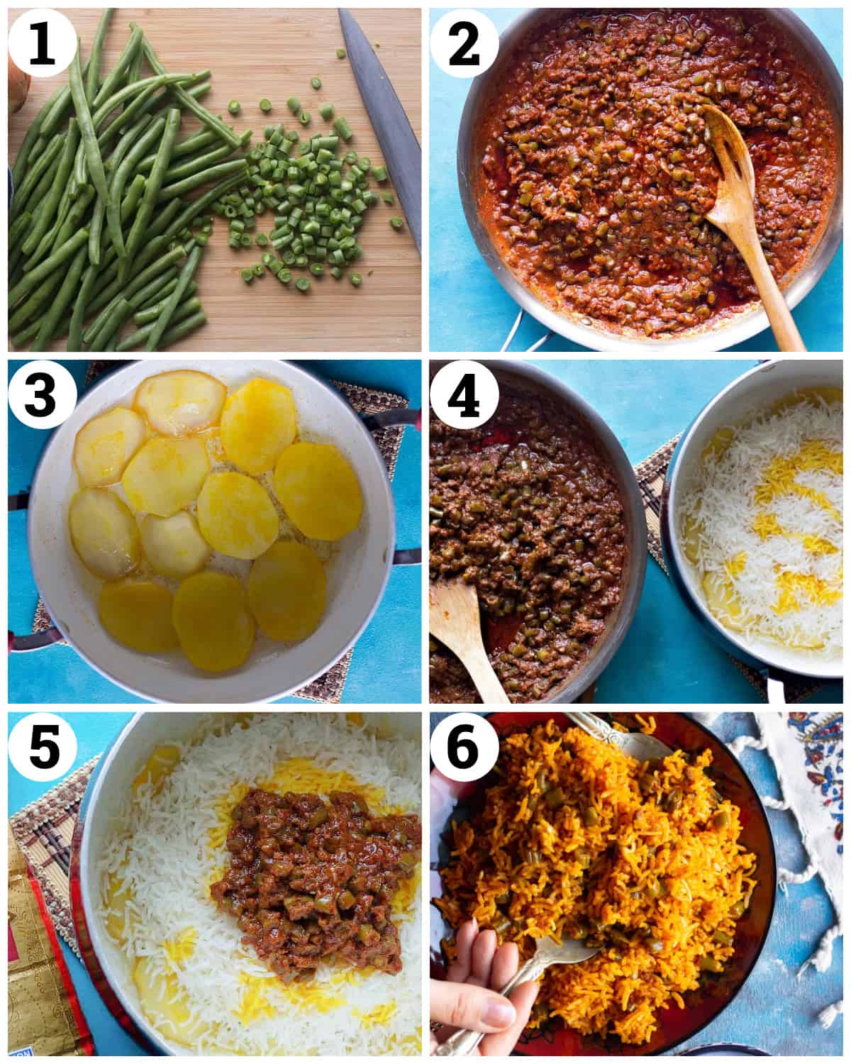 cook the green beans and make the ground beef filling. Par cook the rice and start layering. Cook for 45 minutes. 