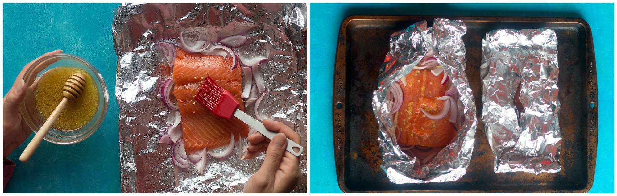 brush honey lemon sauce on the salmon and wrap the foil pack, leaving a slot open for the steam to get out. 