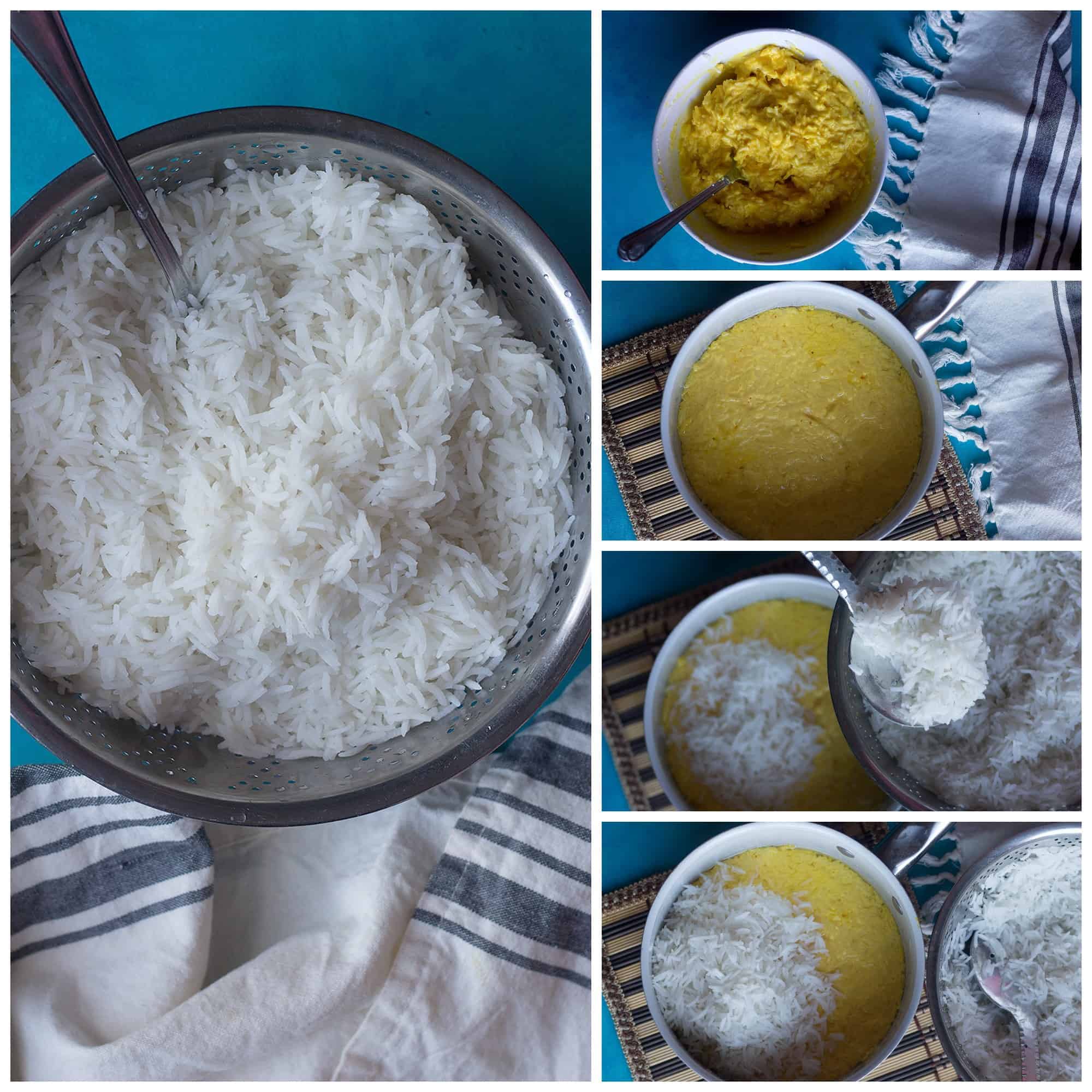 mix some rice with bloomed saffron and yogurt then pour into the pot and top with white rice. 