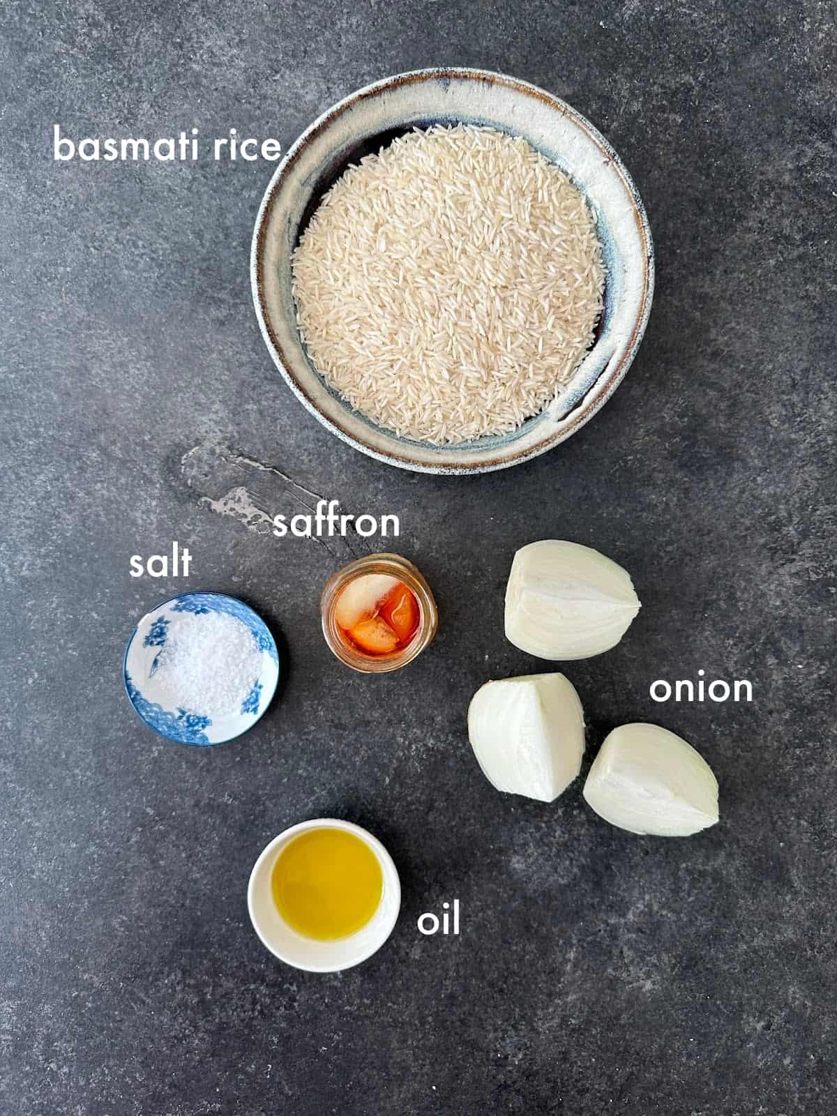 Persian saffron Rice To make this recipe you need saffron. rice, salt, olive oil and onion.