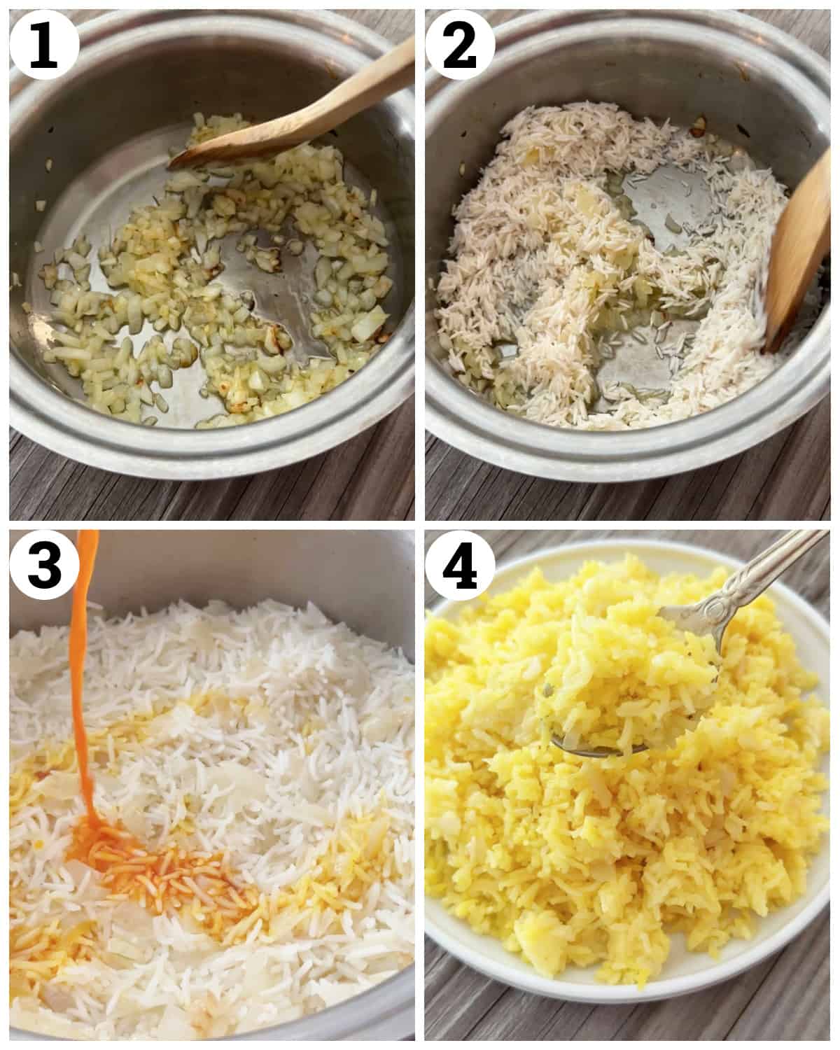 Saute the onion add the rice and salt cook for 20 minutes, add the saffron and cook for 10 minutes.