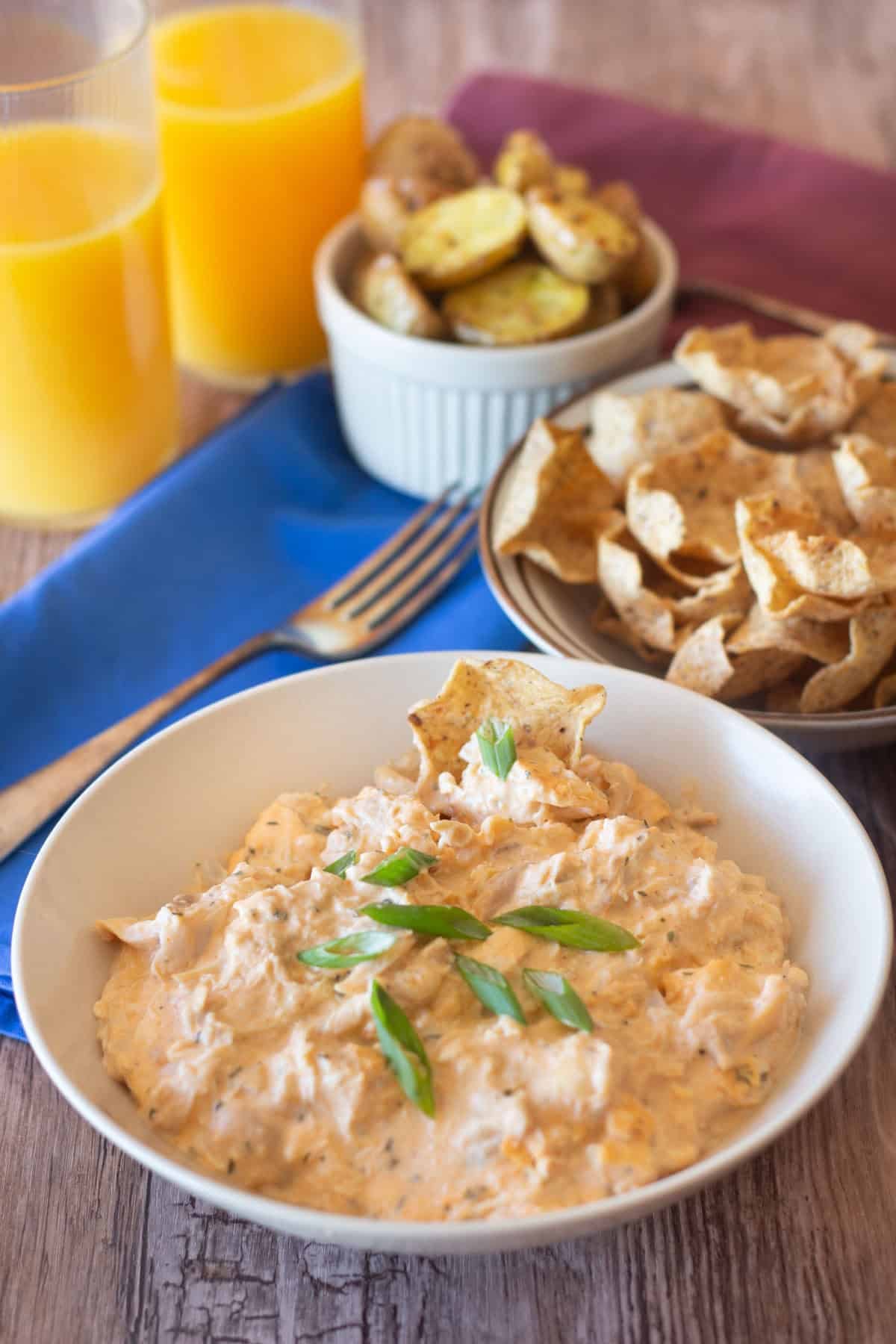 Homemade spicy chicken dip with chips and potatoes. 