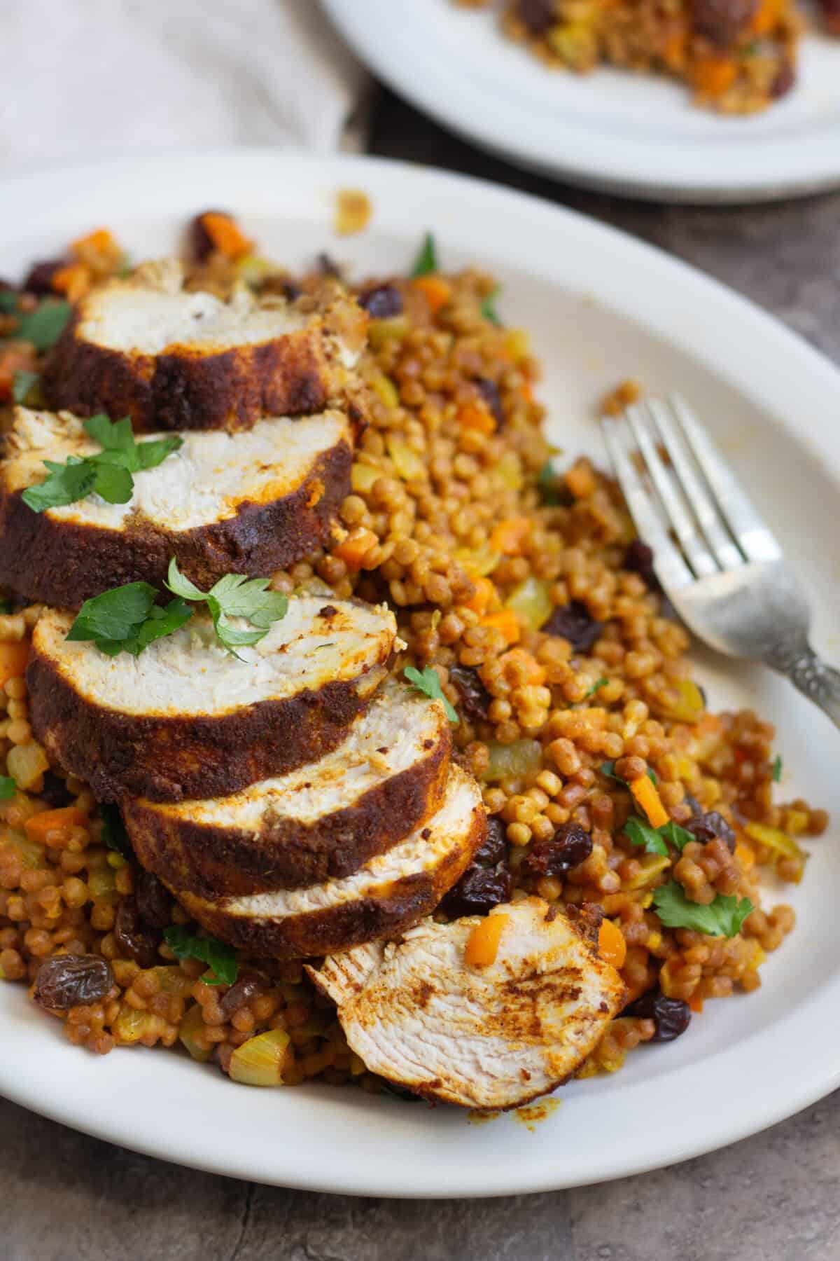 Moroccan chicken and couscous with raisins and carrots make the perfect dinner