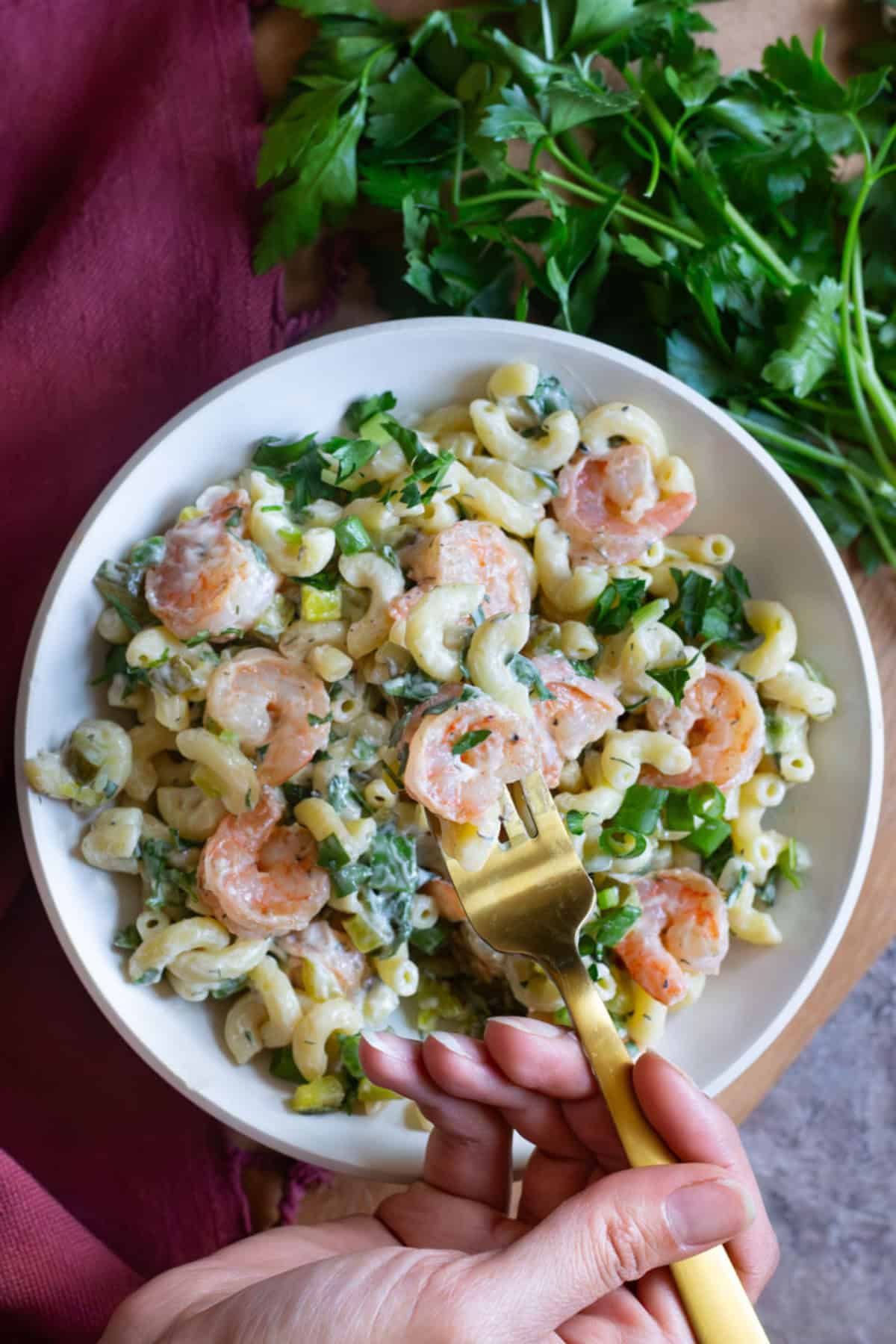 Serve cold shrimp pasta salad after chilling in the fridge for one hour.