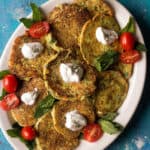 Overhead shot of mucver Turkish zucchini Fritters.