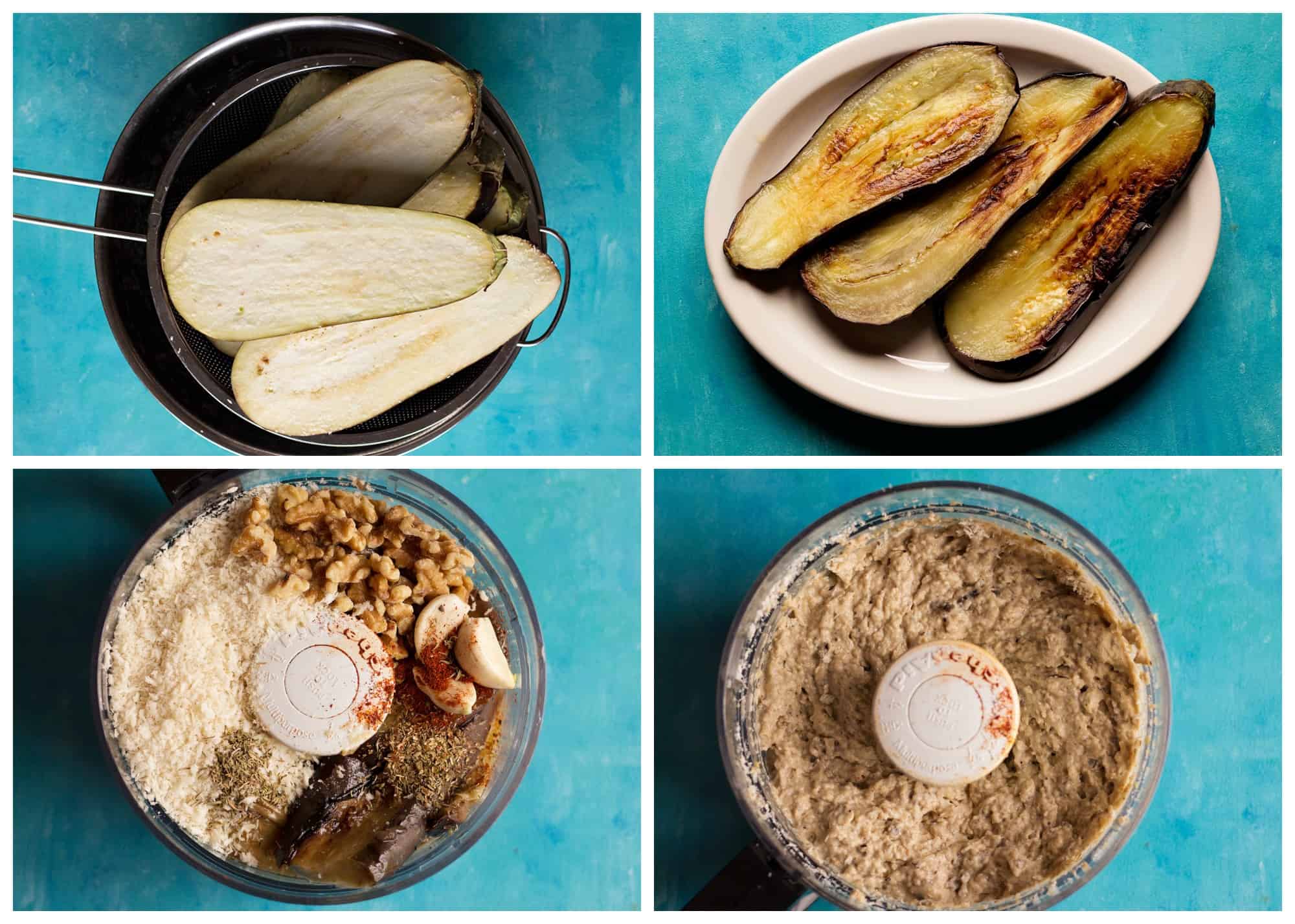 salt the eggplants, wash and dry them. Fry the eggplants and place them in a food processor with other ingredients and blend well. 