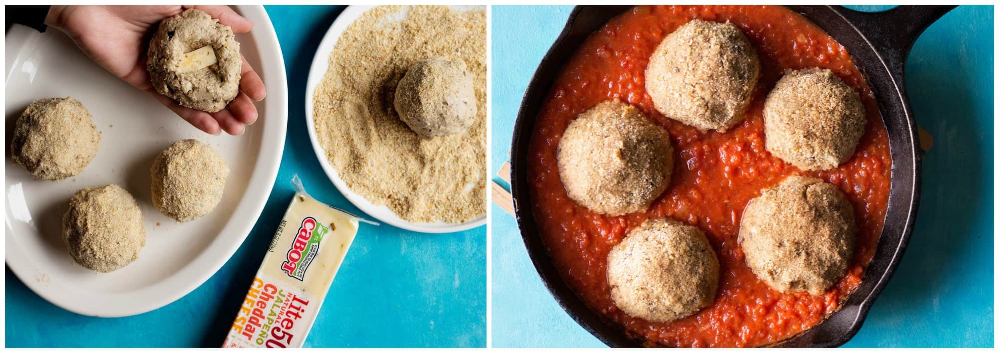 roll the meatless meatballs in the breadcrumbs and stuff with cheese Bake in the oven and then bake again in the tomato sauce. 