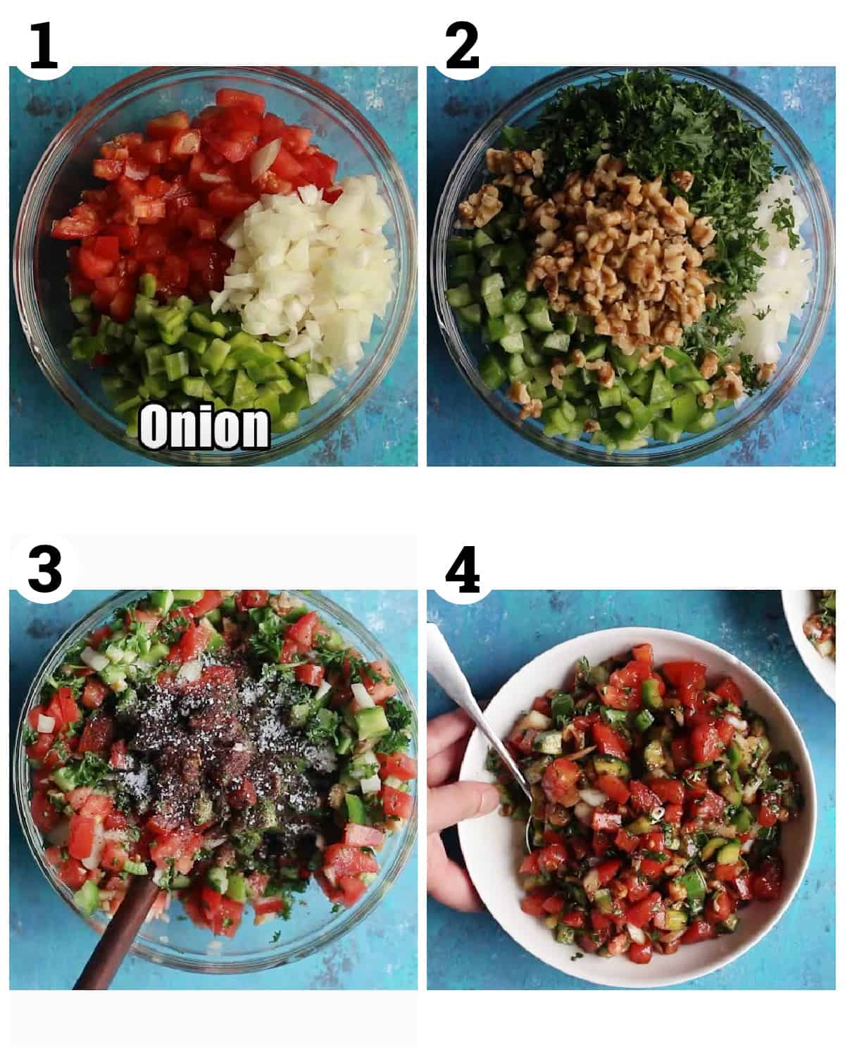 Chop the vegetables, mix them and add the dressing.