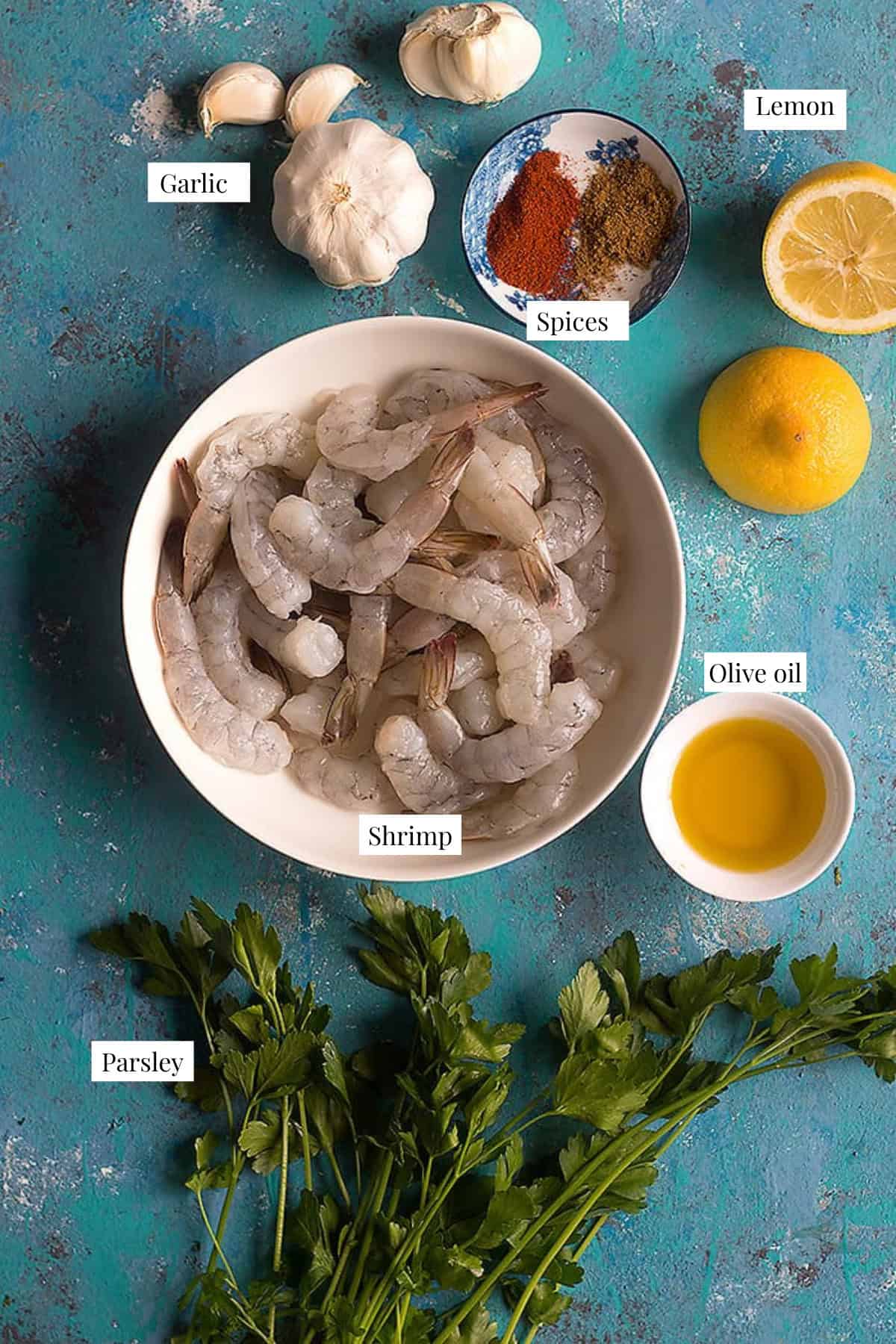 To make this shrimp recipe you need shrimp olive oil spices garlic and lemon. 
