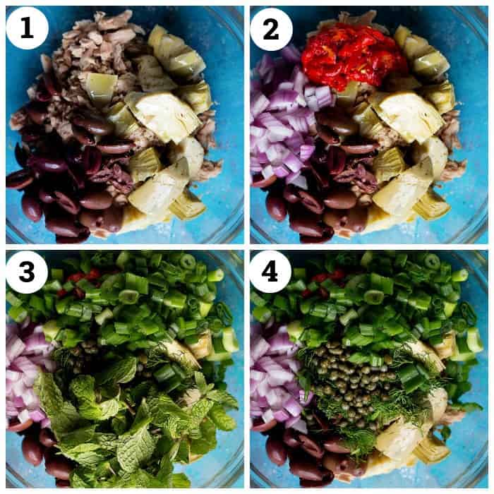 mix tuna olives and artichokes, add onion and roasted peppers, add herbs and capers. 