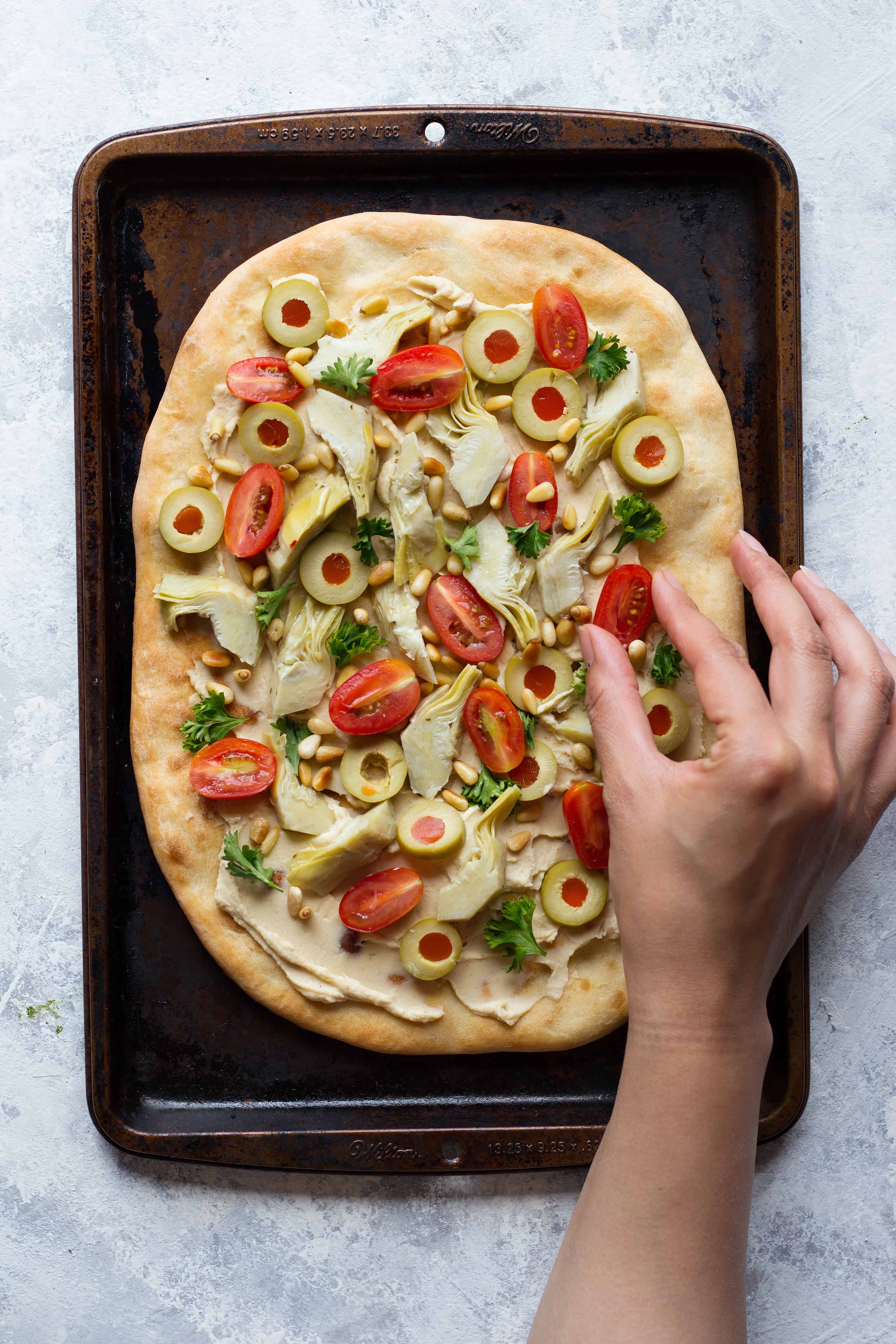 Easy flatbread made with Mediterranean ingredients. 