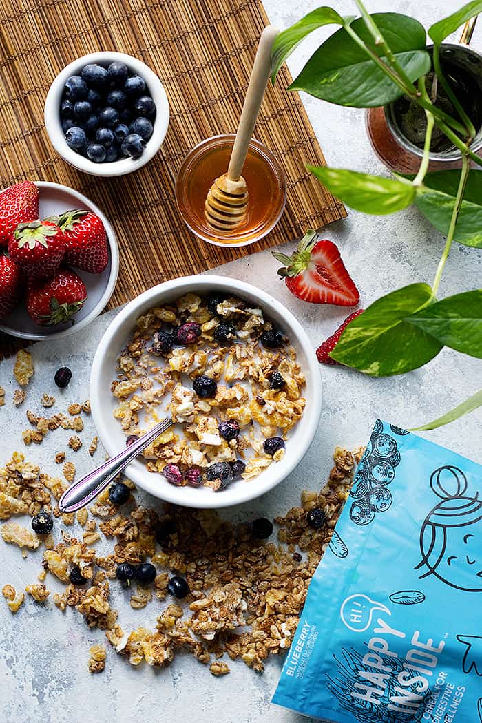 easy morning routine with a bowl of cereal and fruit. 