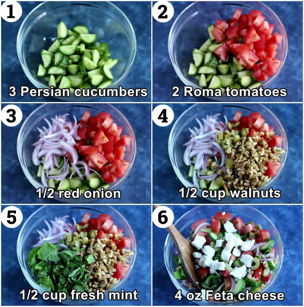 chop the cucumber, add the tomatoes, onion, olives, walnuts and mint. Add in the feta and mix. 