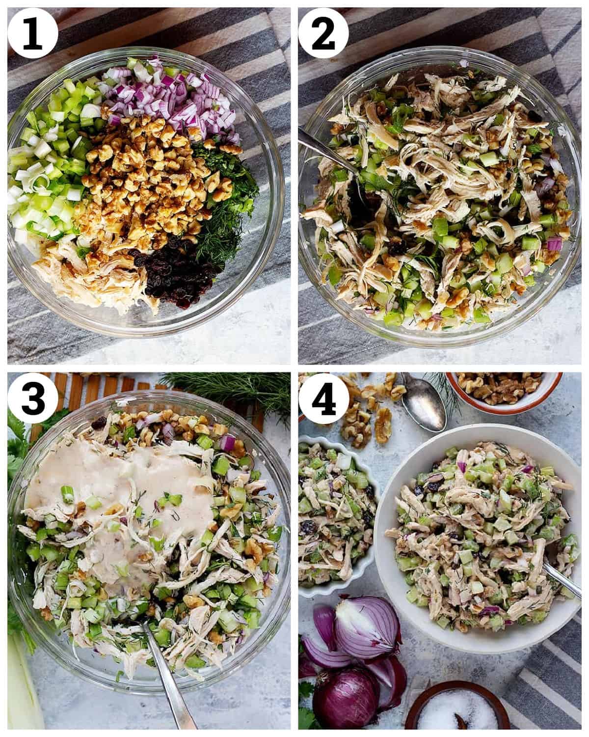 Mix chicken, walnuts, celery, raisin, dill and onion in a bowl and add the dressing.