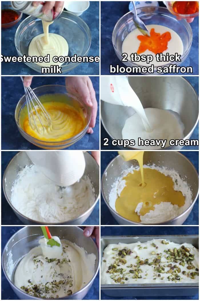 step by step photos to make ice cream with saffron. mix condensed milk and saffron add to heavy cream and add pistachios. freeze for 8 hours. 