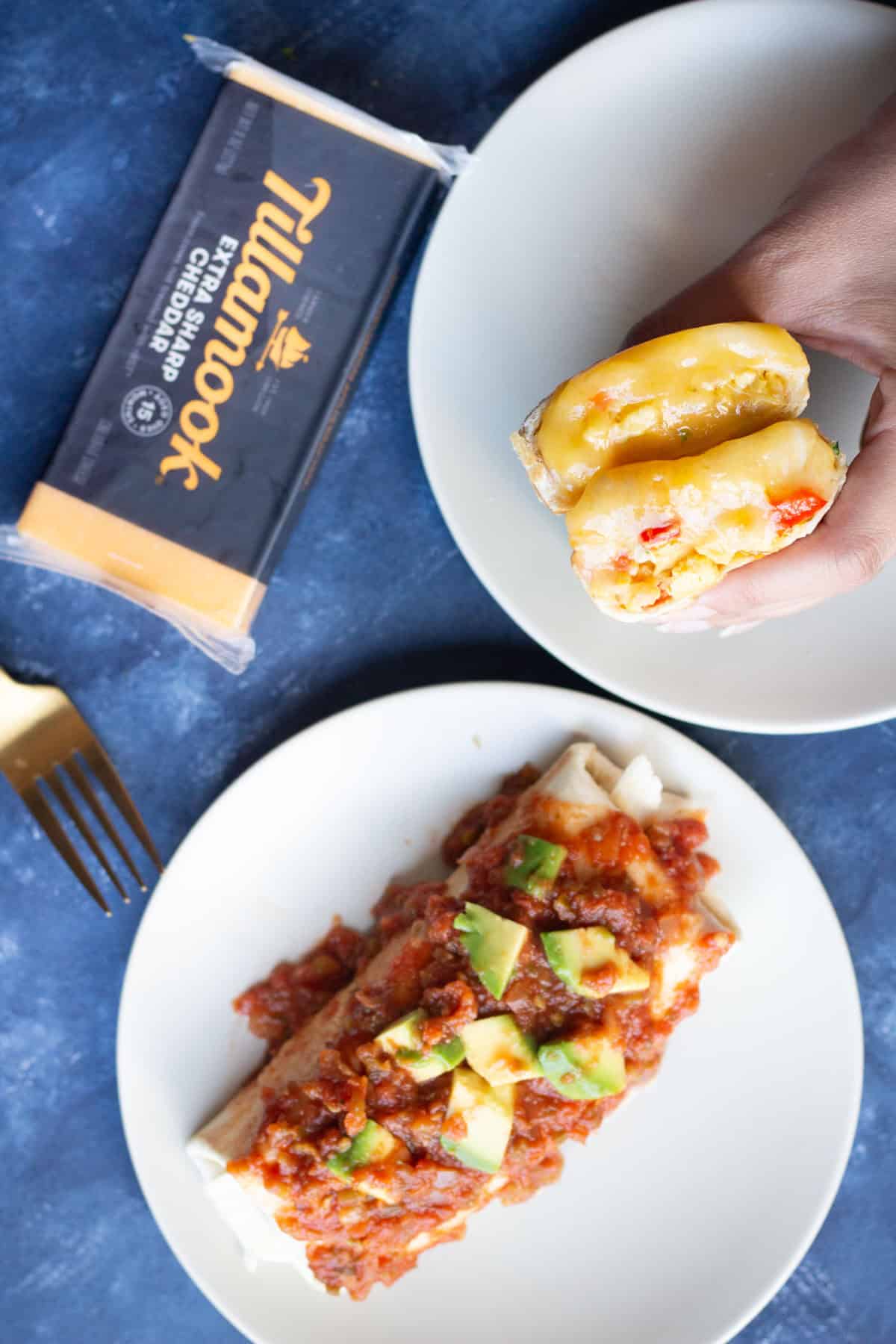 fill the tortillas with eggs and veggies and roll them