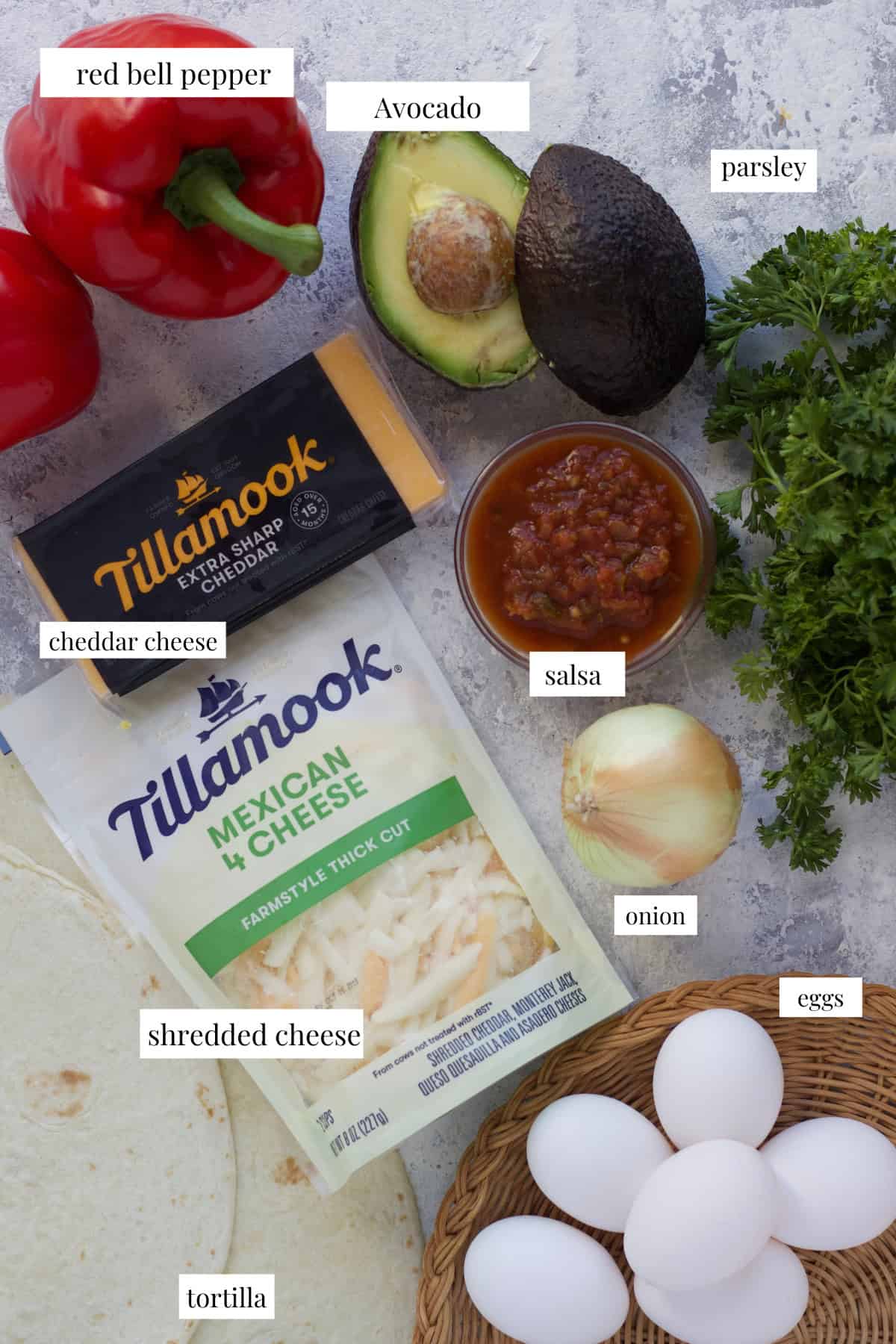 to make breakfast burritos you need eggs, avocados, onion, peppers, cheese and salsa. 
