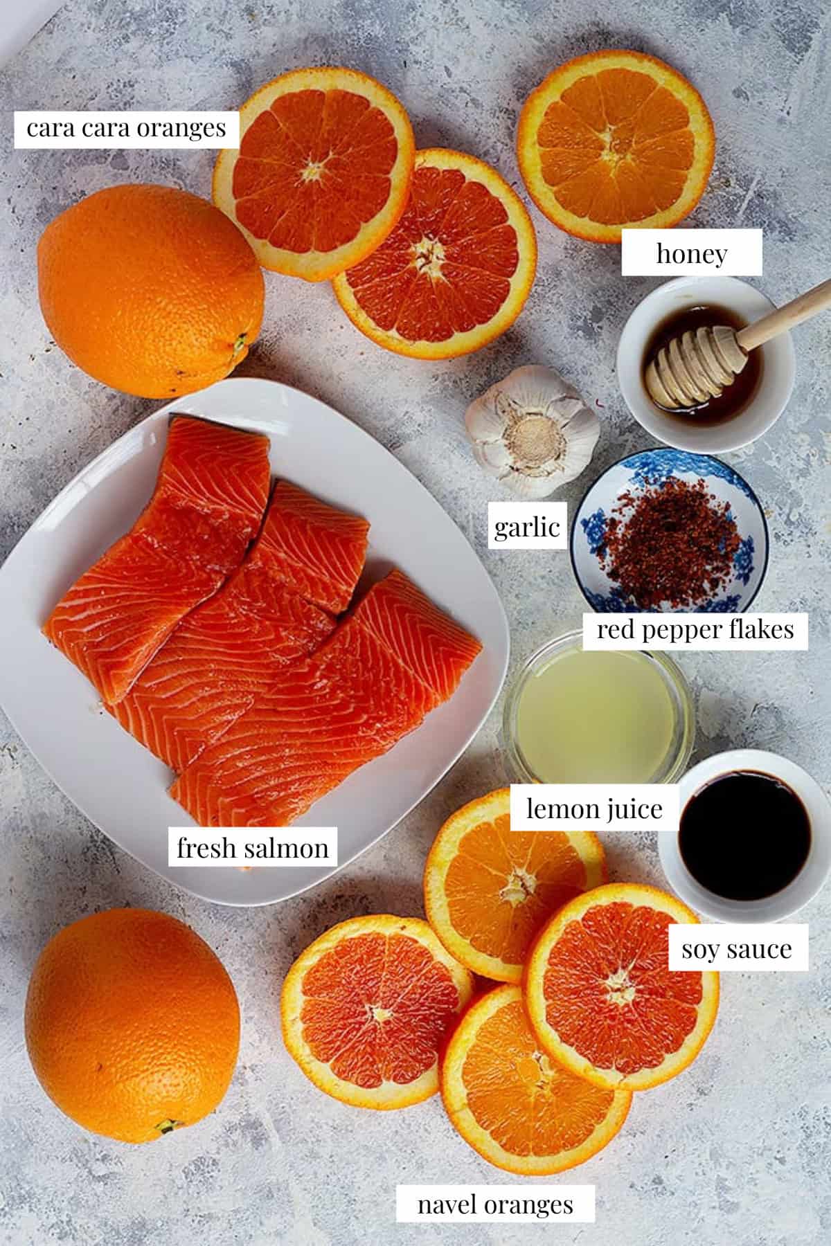 to make this recipe you need salmon, lemon juice, orange juice, honey, garlic, soy sauce and pepper.