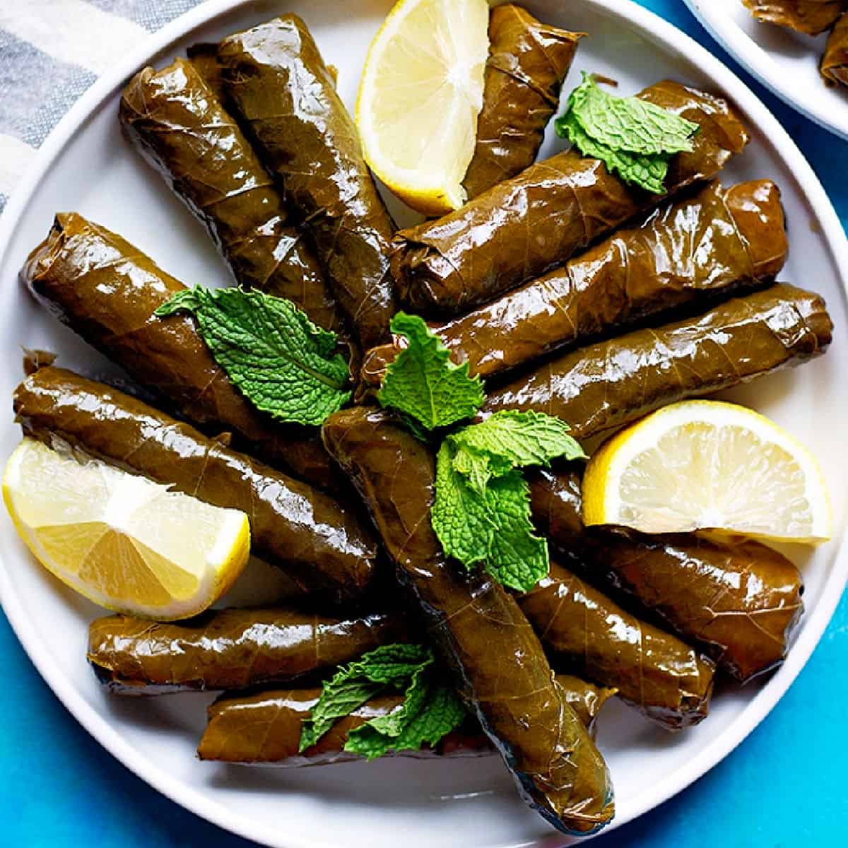 A plate of dolmas or stuffed grape leaves with mint and lemon. 