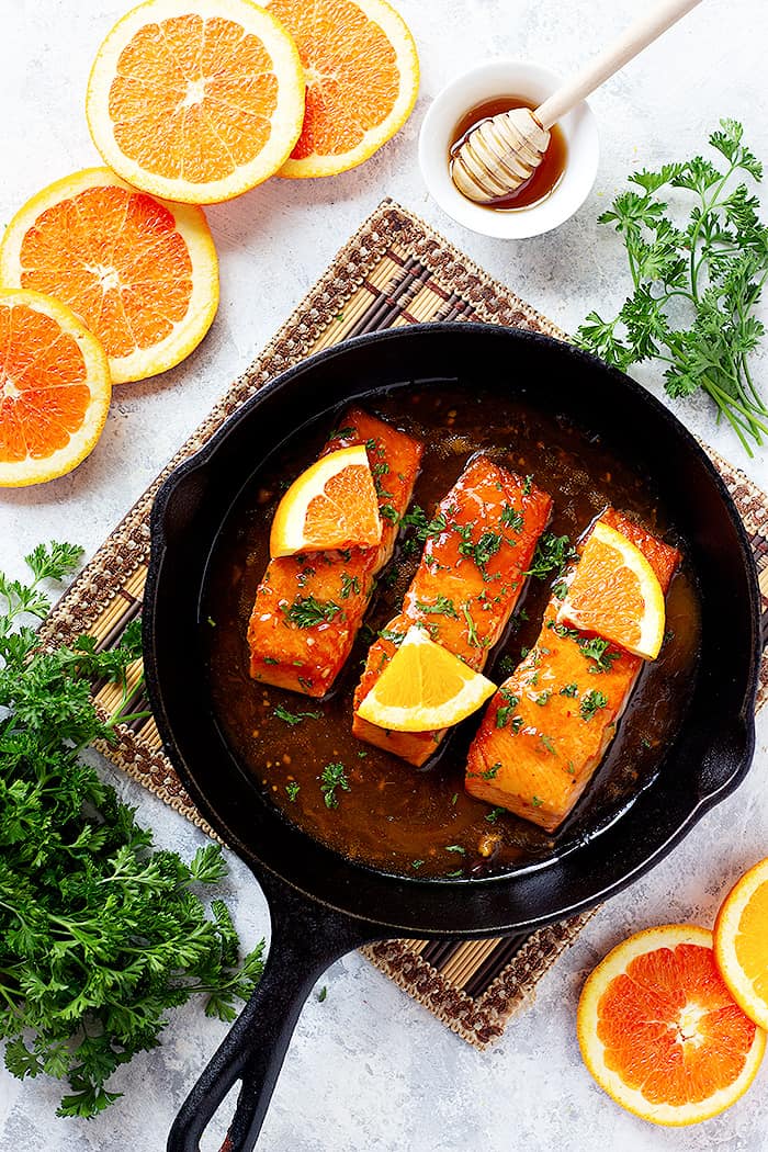 Pan seared glazed salmon fillets are perfect for dinner. 