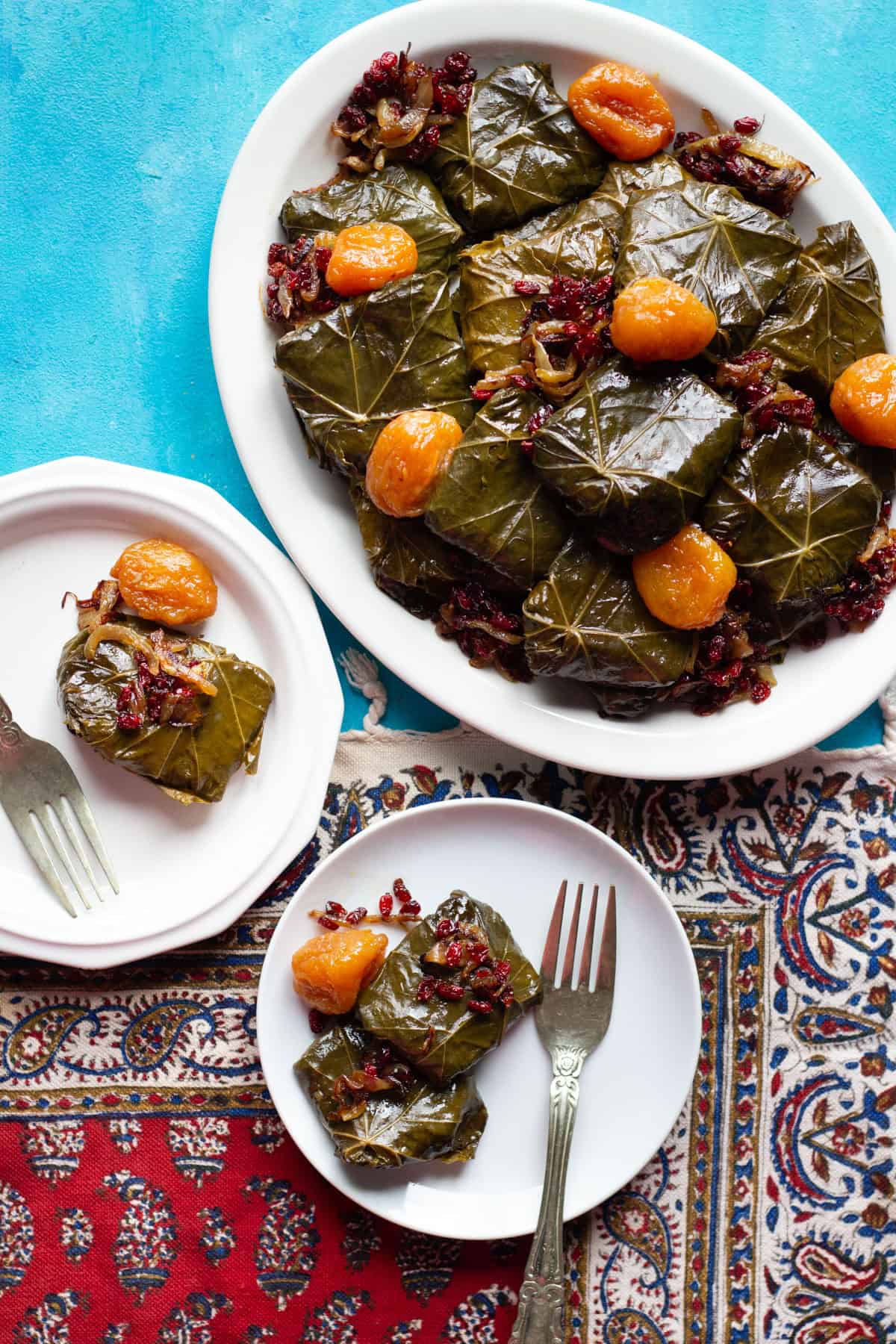 a plate of Persian stuffed vine leaves with onion, barberries and plums.