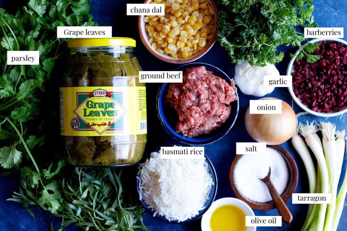 Ingredients to make Persian dolmeh recipe are grape leaves, rice, meat, onion, chana dal, onion, herbs and barberries.
