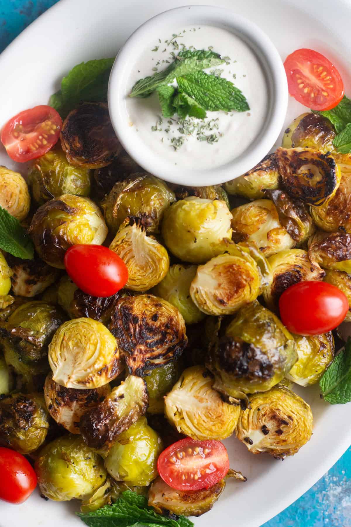 crispy roasted brussel sprouts with tahini yogurt sauce. 