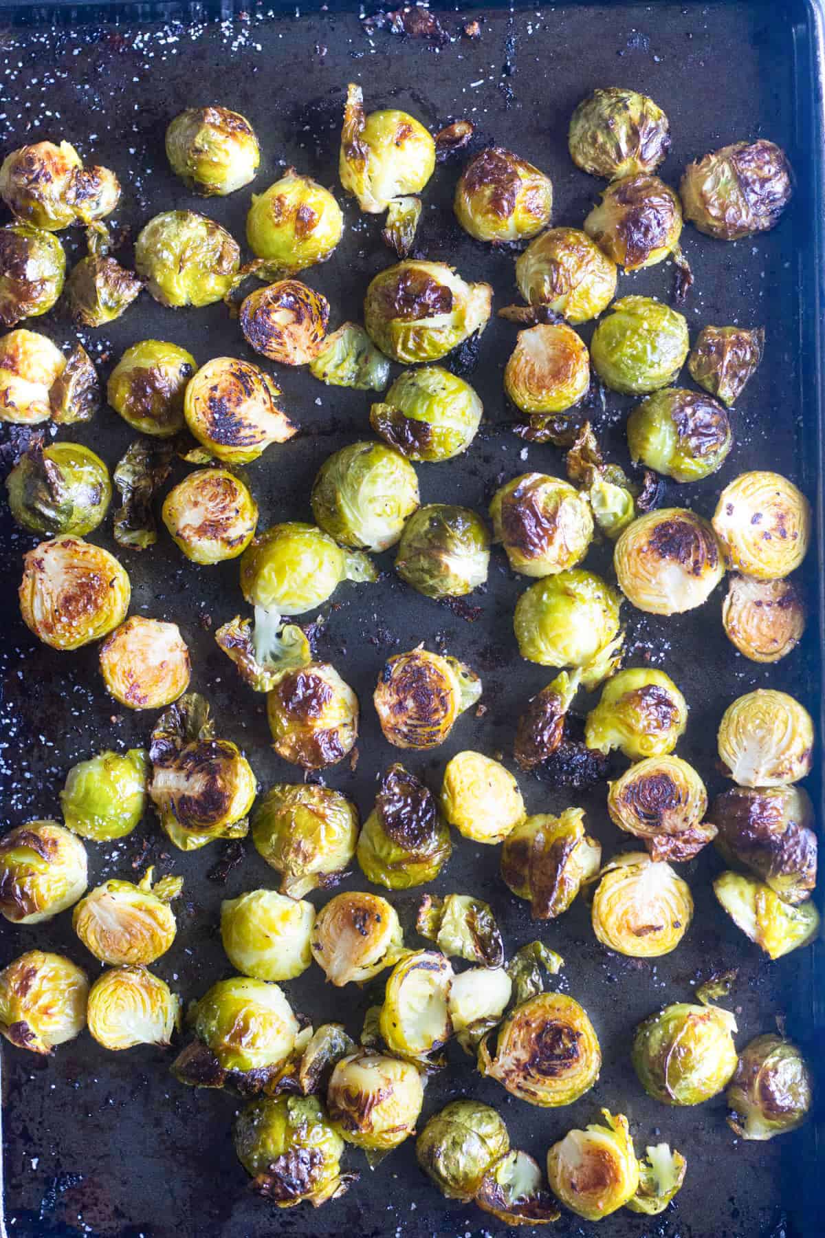 Roasted brussel sprouts on a baking sheet 