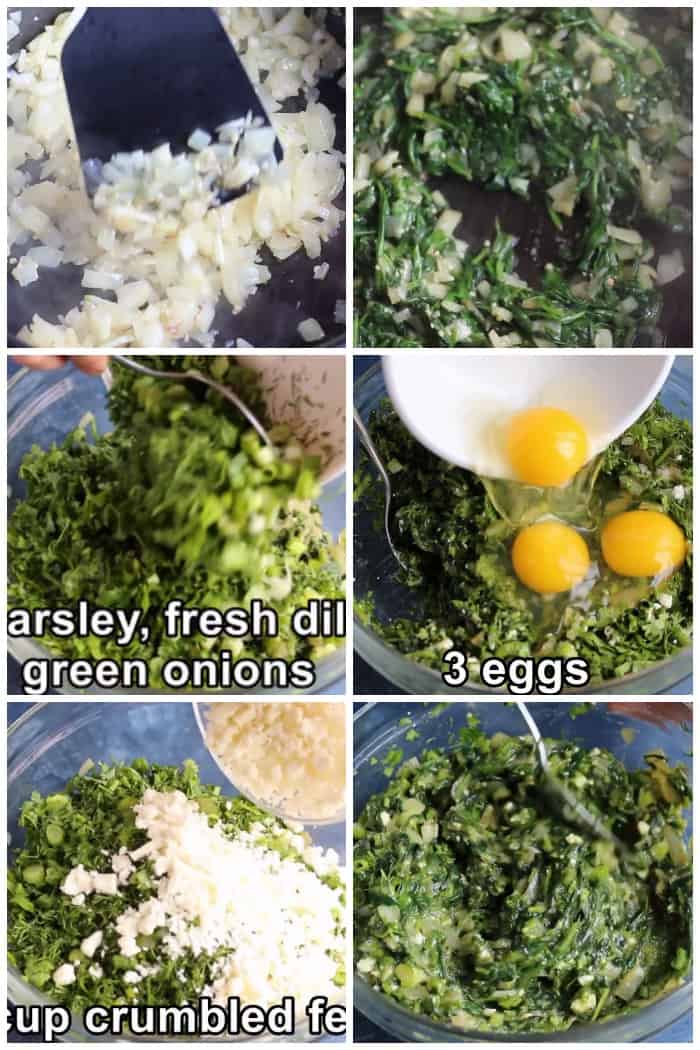 saute onion add spinach add herbs, eggs, feta and mix