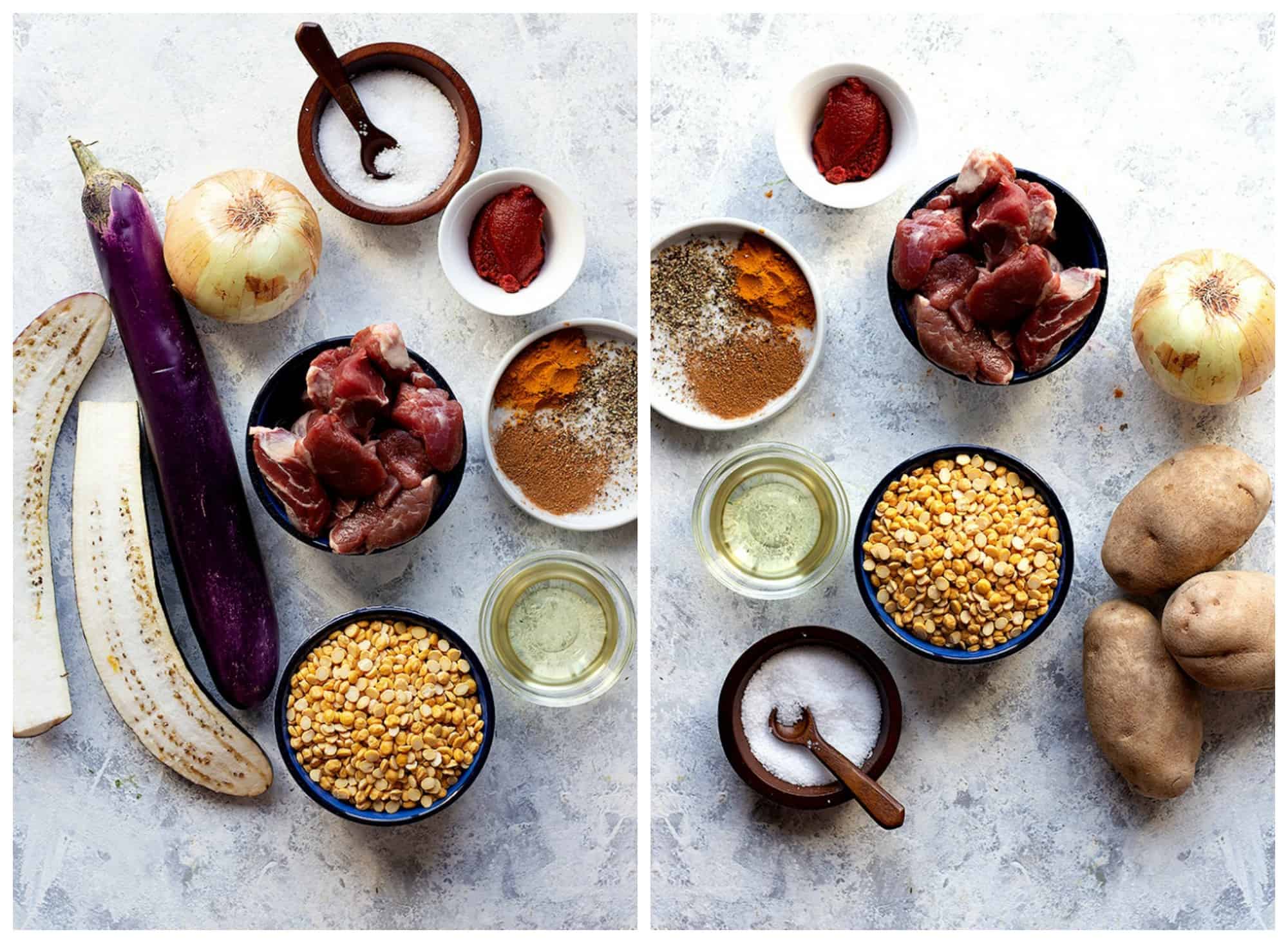 ingredients to make gheimeh recipe is eggplants, potatoes, lamb, salt, chana dal, spices and onion.