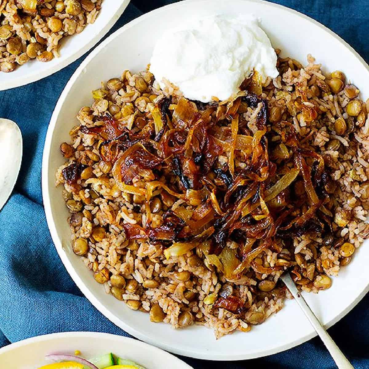 Mujadara is a simple Lebanese lentil and rice dish with crispy onions that's packed with flavor. This lentils and rice recipe calls for only a few ingredients and is very easy to make.
