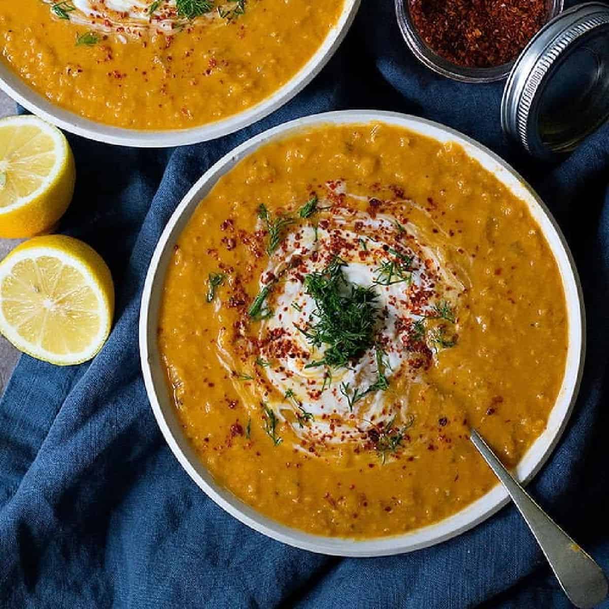 Curry lentil soup is an easy soup recipe that you can make in 30 minutes with just a few ingredients. This lentil soup with coconut milk is very comforting. 