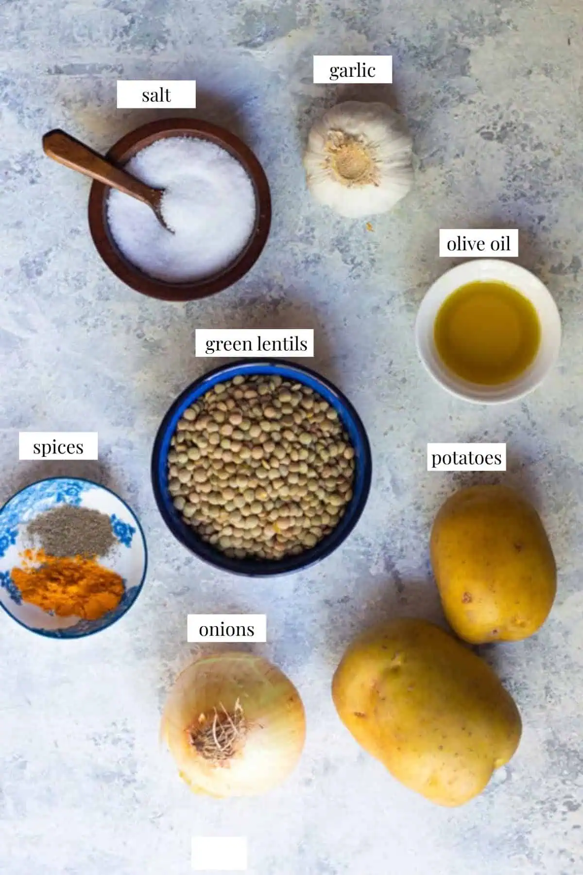Ingrredients to this easy lentil soup recipe are lentils, potatoes, onion, garlic and spices. 